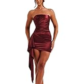 Weafmlia Women's Satin Elegant Strapless Tube Ruched Bodycon Mini Dress Cocktail Dresses with Draped