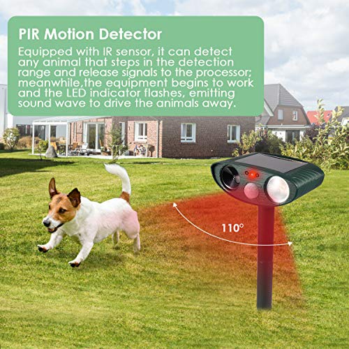 Ultrasonic Dog Repellent, Solar Powered Waterproof PIR Sensor Repeller for Cats, Dogs and More