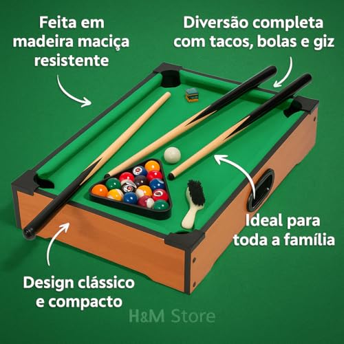 Mini Mesa de Bilhar Infantil Completa 51x31x9 cm com Tacos Bolas Triangulo Escovinha e Giz Mesa de Sinuca de Madeira Brinquedo Educativo Esportivo Infantil