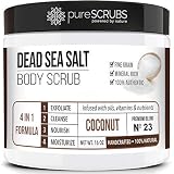 pureSCRUBS Premium Organic Body Scrub Set - Large 16oz COCONUT BODY SCRUB - Dead Sea Salt Infused Organic Essential Oils & Nutrients + FREE Wooden Spoon, Loofah & Mini Organic Exfoliating Bar Soap