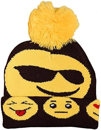 Emoji Beanie Hat with Pompom Funny Knit Cap - Black and Yellow (Shades)