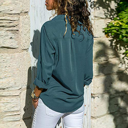 GOVOW Button Front Shirt for Women - Casual Leopard Printed Pocket Front Twist Tie Long Sleeve Top(US:12/CN:XXXL,Blue)