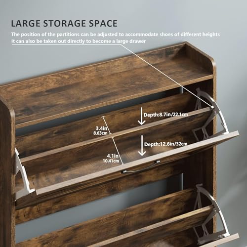 MOZOGOT Shoe Storage Cabinet with 2 Flip Drawers, Free Standing Shoe Racks Narrow Slim Shoe Organizer with Storage Top Cubby, Hidden Shoe Storage for Entryway, Living Room, Hallway (Rustic Brown)