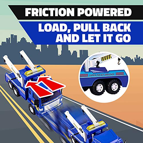 WolVol Big Heavy Duty Wrecker Tow Truck Police Toy for Kids with Friction Power (with Double Hooks)
