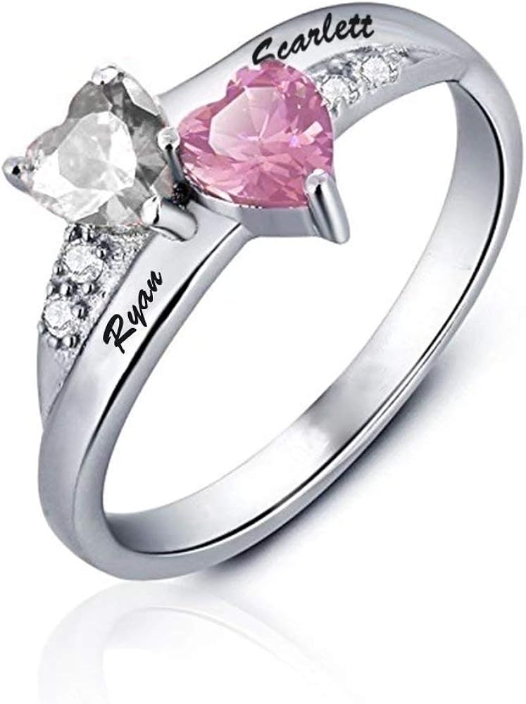 Wfhome Sterling Silver Promise Ring for Her 2 Birthstone 2 Names