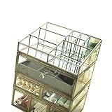 Hersoo Antique Spacious Mirror Glass Drawers/Brass Metal Cosmetic Makeup Storage/Jewelry Cube Organizer.Individually Use Non-Acrylic Display Dresser Vanity Tray