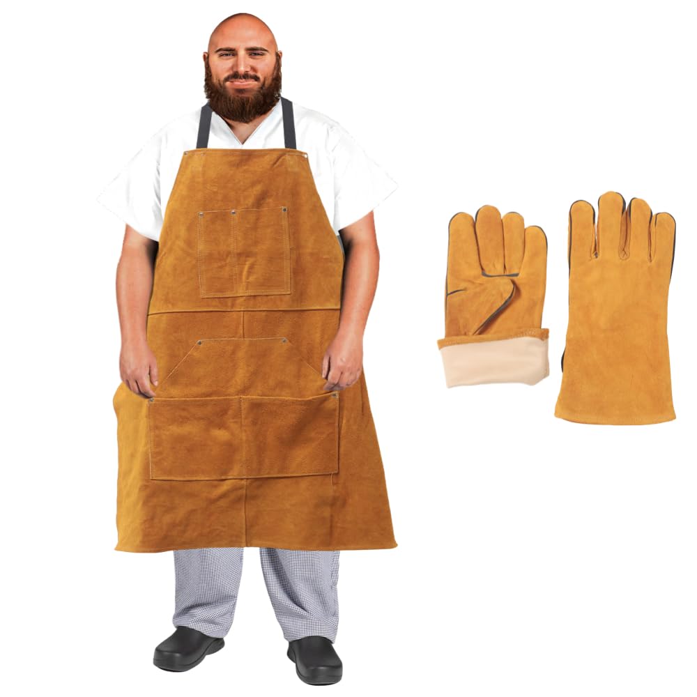 Urby Plus Size Apron For Wood Working, 16oz Ready Wares Waxed Canvas Apron Fits Waist W36+, XL, XXL Or Plus. Ideal For Woodworking, Workshop, Or Wood Shop. (Plus Size: Leather + Gloves)