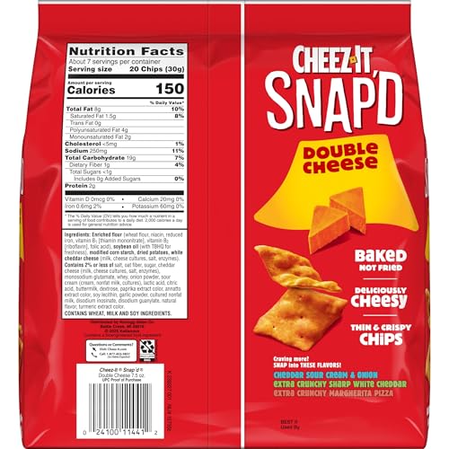 CHEEZ-IT SNAP’D CHEESE CRACKER CHIPS, THIN CRISPS, LUNCH SNACKS, DOUBLE CHEESE, 7.5OZ BAG (1 BAG)