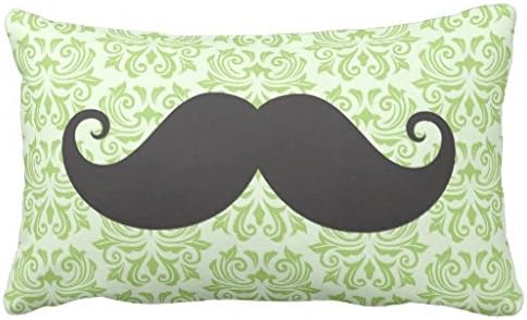 Black handlebar mustache on green damask pattern pillow 50% Cotton 50% Polyester 20 x 12 inches Pillowcase