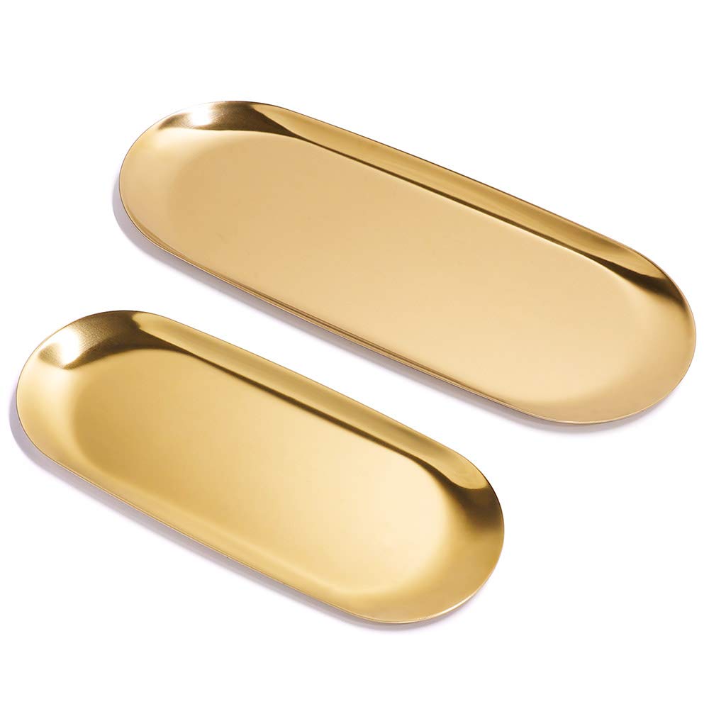 2 Sets Gold Trinket Serving Tray, ANZOME Oval Stainless Steel Tray Towel Storage Dish Plate, Tea Fruit Trays Cosmetics Jewelry Plate used in Bedroom, Kitchen, Living Room, Bathroom and Outdoors