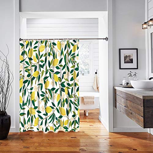 Lifeel Lemon Shower Curtains, Allover Fruits Shower Curtain Green Leaves Plant Design Waterproof Fabric Bathroom Shower Curtain Set with 12 Hooks, Green Yellow 72"×72" - Thumbnail 2