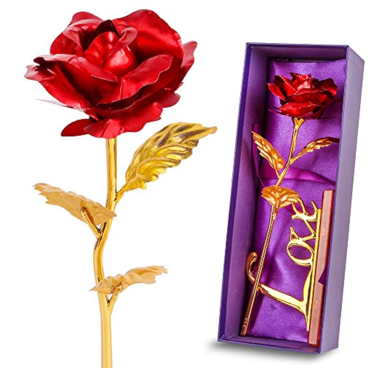 Valentines Day Red Rose Gift For Her Long Stem Dipped 24k Gold