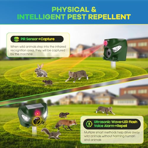 Outdoor Cat Repellent, 5 Modes Ultrasonic Cat Repeller, 26 Feet Solar Outdoor Cat Repellent with Sound Alarm and Flash Lights for Dogs, Deer, Fox, Rabbit, Squirrel, Bird