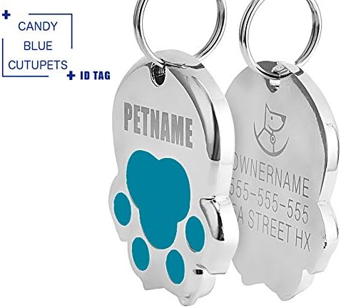 Buy 1 Get 1 FREE : CUTU - Personalized Metal Dog ID Tags with Candy Colors, Double Sided Engrave, Original Paw Design,1.38inch,3mm thickness. (Blue)