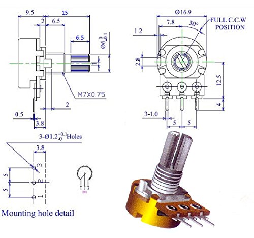 1k Ohm Potentiometer (2pcs) - Linear Taper Rotary Panel Pot - B1K 16mm (~5/8 in) Top Knurled Shaft Adjustable Variable Resistor 1 kilohm (0 - 1000 ohms resistance) Â±20% Tolerance 1/8 watt Solder Pins