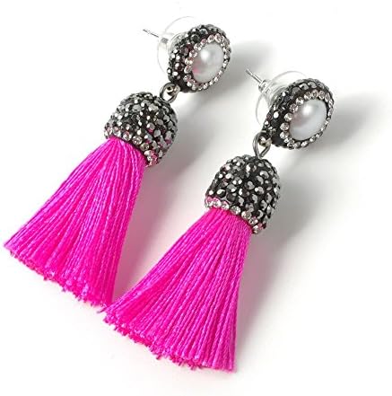 Women's Dangle Drop Short Tassel Earrings with Shell Pearl Black Rhinestone Top