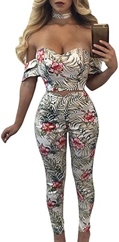 Women Floral Strapless Bandeaux Top Skinny Pants Bodycon 2 Piece Set Outfits M