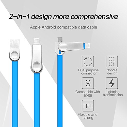 (2 packs) 2-in-1 zink alloy Charging Cable 3.3ft/1M for iPhone and Android Phones Tablets - Blue
