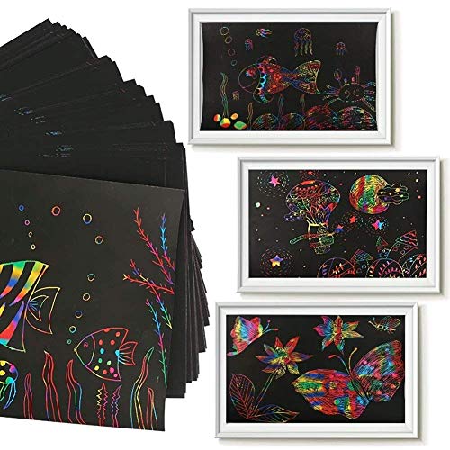 image for Fashionclubs Scratch Sketch Art Paper for Kids, 50pcs Rainbow Scratch 