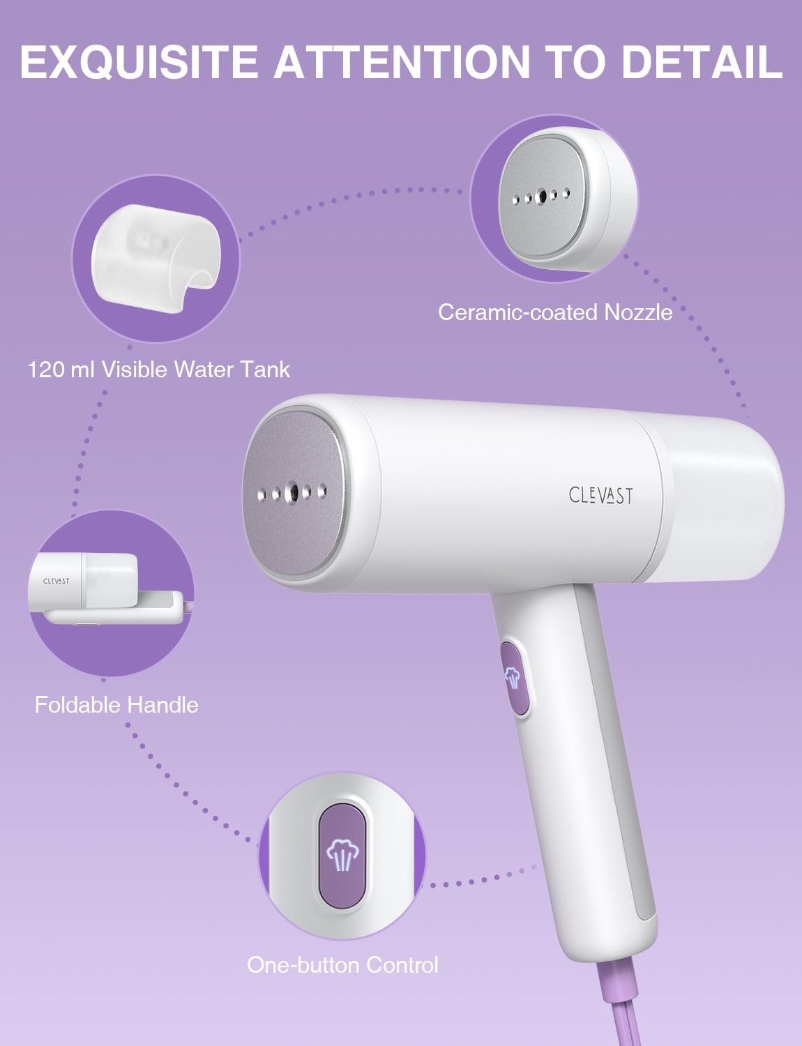 CLEVAST Travel Steamer for Clothes - Portable Handheld Garment Steamer for Clothing, Small Foldable Travel Size Fabric Wrinkle Remover, 30-Second Fast Heat Up, 1000W Powerful Steam Output, 120V Only