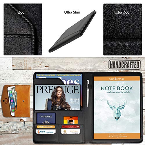 Wundermax Padfolio Portfolio Leather Folder Business Folder Professional Interview PU Leather Padfolio Resume Holder Portfolio Notebook Business Portfolio for Men and Women