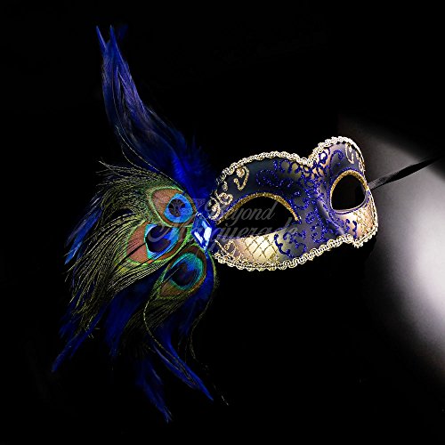 Classic Venetian Elegant Swan w/ Peacock Feathers Design Laser Cut Masquerade Mask for Mardi Gras Events or Halloween - Blue
