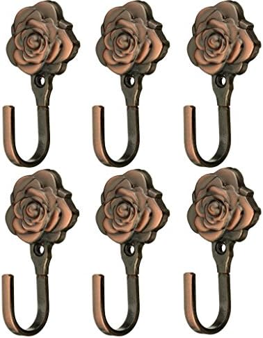 Amby 3 Pair Rose Pattern Metal Curtain Hooks Coat Hooks Wall Decorative Hook backs Tiebacks Red Copper (Red Copper)