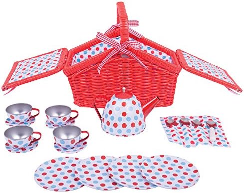 Bigjigs ToysColourful Spotted Tea Set and Carry Basket - Pretend Role Play