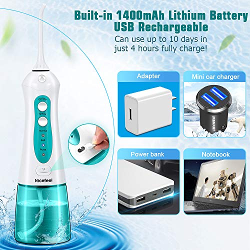 [2019] Best Cordless Water Flosser, Nicefeel 300ML Portable USB Rechargeable Dental Water Flosser Teeth Cleaner, IPX7 Waterproof 3 Modes Oral Irrigator with 4 tips for Home, Travel - Thumbnail 3