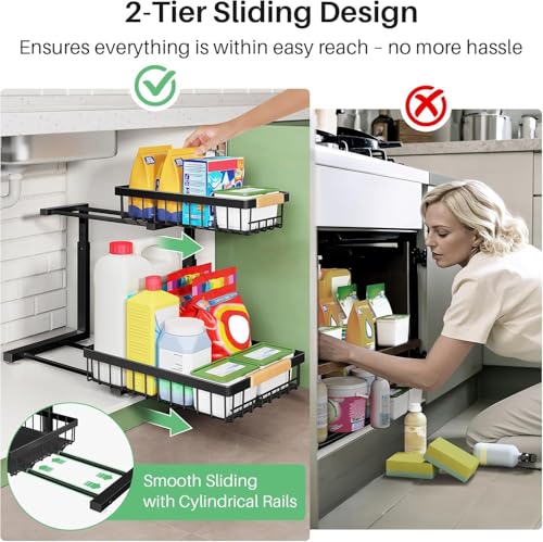 Under Sink Organizer, Height Adjustable kitchen organizers and Storage, Space Saver 2 Tier Pull Out Drawer Cabinet Shelf Storage Rack for Kitchen Bathroom organizer, 1 Pack