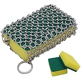 Cast Iron Cleaner, Stainless Steel Chainmail Scrubber with 3pcs Sponges for Pre Seasoned Skillet, Dutch Oven, Waffle Iron, Grill Pan,Frying Pan and More, Faster Cleaning and Easy Handing