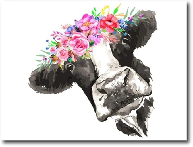 Cow With Flowers Canvas Wall Art Watercolor Painting Farmhouse Highland
