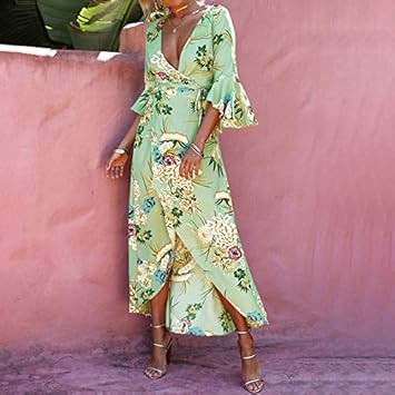 STLYQ Vestido Bohemio Mujer Nueva Marca Estampado Floral Manga Larga Split Maxi Summer Beach Vestido Mujer Boho Sundress: Amazon.es: Deportes y aire libre