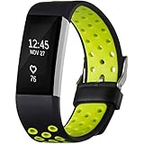 For Fitbit Charge 2 HR, Sports Replacement Band, Black and Volt Yellow, Large
