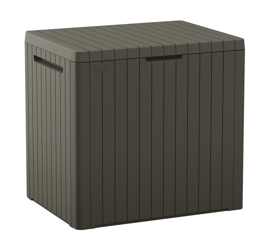 Keter City 30 Gallon Resin Outdoor Storage Box and Patio Furniture Side Table for Pool and Garden Accessories, Taupe Image Keter City 30 Gallon Resin Outdoor Storage Box and Patio Furniture Side Table for Pool and Garden Accessories, Taupe Image