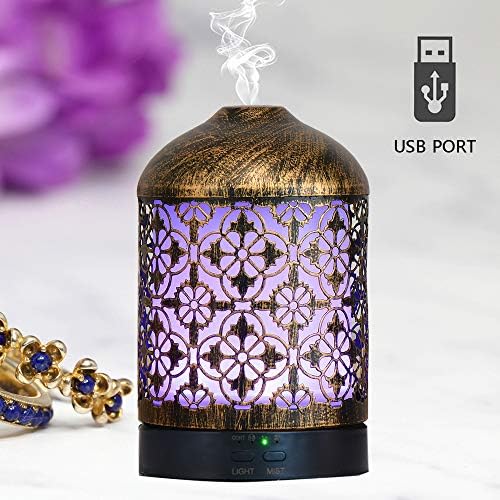 Essential Oil Diffuser Cool Mist Aromatherapy Metal Diffuser for Essential Oils Diffuser Humidifier Vintage 7 Color LED Nightlight USB Mini 120ml for Home Gift Idea(Bronze-coloured)