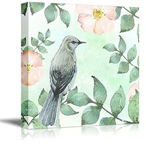 Square Canvas Wall Art - Watercolor Style Painting of Bird and Flowers - Giclee Print Gallery Wrap Modern Home Art Ready to Hang - 12x12 inches