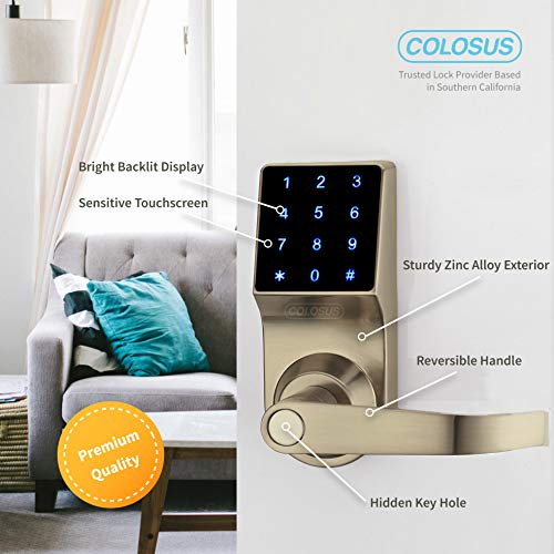 COLOSUS NDL319 Keyless Electronic Trusted Digital Smart Door Lock for Home & Office Security, Touchscreen - 50 User Codes + 4 Key Fobs + 1 Remote + 2 Keys (Gold) ...