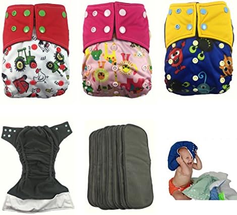 Nooya 3Pcs Leakproof Designed Bamboo Cloth Diapers ,Cute Pringting Pocket Cloth Diaper, Reusable and Washable Nappy Diapers ,Adjustable Snap All in one Size (3 Bamboo Covers+6 Bamboo inserts)(2)