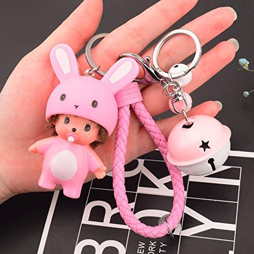 Doll Cartoon Key Ring Bag Charms With Golden Keyring, Cute Doll Keychain for Car Keyring, Charm Gift (Pink)