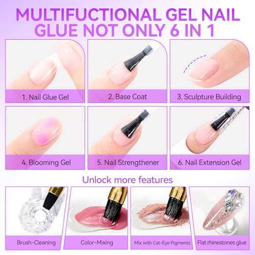 Gelike Ec Gel Nail Glue - 6 in 1 UV Nails Glue Base Coat Strong Adhesive for False Nails Acrylic Tips Press On Nails