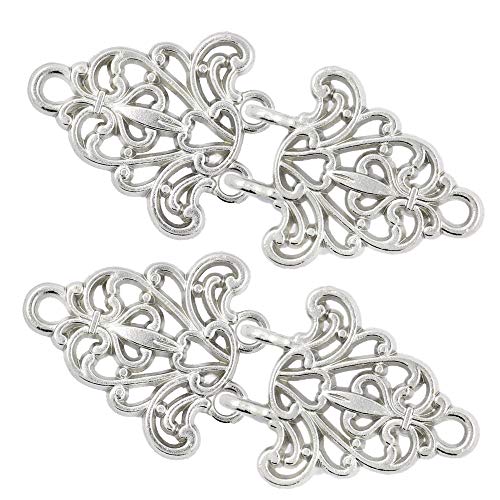 Bezelry 4 Pairs Filigree Trivet Cape or Cloak Clasp Fasteners. 64mm x 29mm Fastened. Sew On Hooks and Eyes Cardigan Clip (Silver) - Thumbnail 4