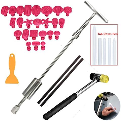 Dent Remover Tools with Grip Pro Slide Hammer Dent Puller Dent Hammer with 5 PCS Tab Down Pen 24 Puller Tabs for Hail Damage, Door Dings, Minor Collision Dents, And Creases (GJ1162)