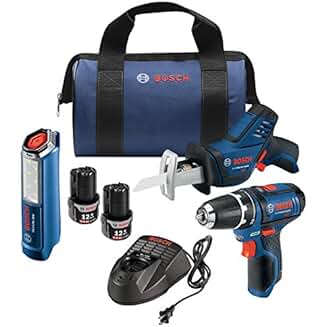Bosch GXL12V-310B22 12V Max 3-Tool Combo Kit with 3/8″ Drill/Driver, Pocket Reciprocating Saw and LED Worklight