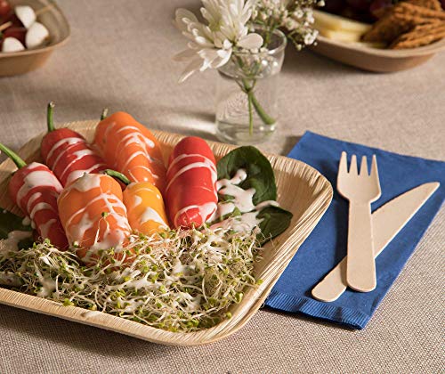 Holiday Party Dinnerware Eco Set of 75 Eco-Friendly Dinnerware - 25 Disposable 8" Square Palm Leaf Plates, 25 Wood Forks, 25 Wood Knives