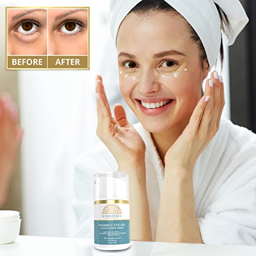 Vitamin C Eye Gel for Under Eye Bags Treatment Dark Circles Puffiness Wrinkles Crows Feet and Anti Aging Skin Care with Hyaluronic Acid Made in USA by SunBlessed Botanicals