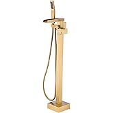 BAGNOLUX Solid Brass Floor Mount Bathtub Faucet Free Standing Tub Faucet Freestanding Tub Filler Brushed Brass High Flow Rate Swivel Spout with Hand Shower, YGSLT-Waterfall Brushed Gold