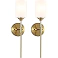 BYOLIIMA Gold Wall Sconce Set of 2 with White Cylinder Glass Shades Modern Mid Century Bathroom Vanity Wall Light Fixtures Industrial Brushed Brass Wall Lamp for Bedroom Mirror Living Room Restaurant