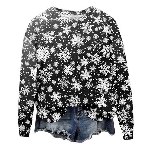 Women's Christmas Jumpers Xmas Tree Print Ladies Tops Funny Christmas Jumpers for Women UK Classic Long Sleeve Crew Neck Sweatshirt Xmas Pullover Black Small