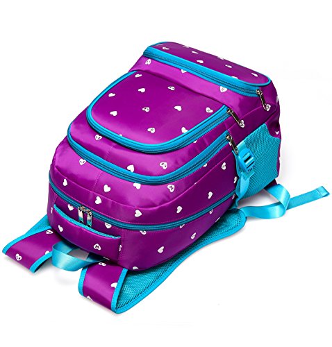 Fashion Girls Backpack for Kids Elementary School Bag Girly Bookbag Children 17 Inch Nylon Heart Print (Purple & Blue)